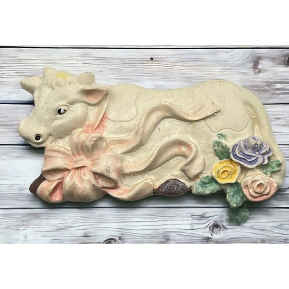 Easter Cow Refrigerator Magnet Vintage White Calf Spring Flowers - Picture 1 of 7